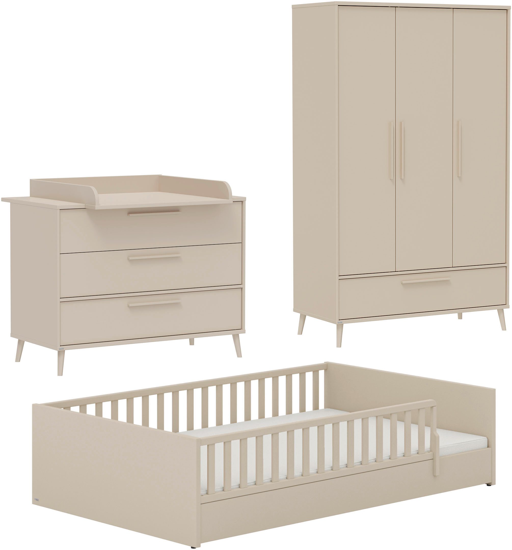PAIDI Babymöbel-Set LITTLE FLO, 4-teiliges Kinderzimmer in Beige, hochwertiges Komplettset, (Spar-Set, 4-tlg., 120x200cm Bodenbett, Kleiderschrank 3-türig, Wickelkommode & Aufsatz), Jugendzimmer, Soft-Close, mitwachsendes Bett - 3-fach umbaubar
