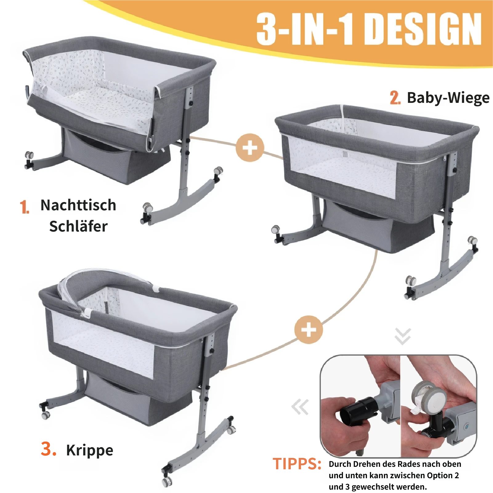 Rutaqian Beistellbett 3 in 1 Babybett & Babywiege & Reisebett,Stubenwagen, günstig online kaufen