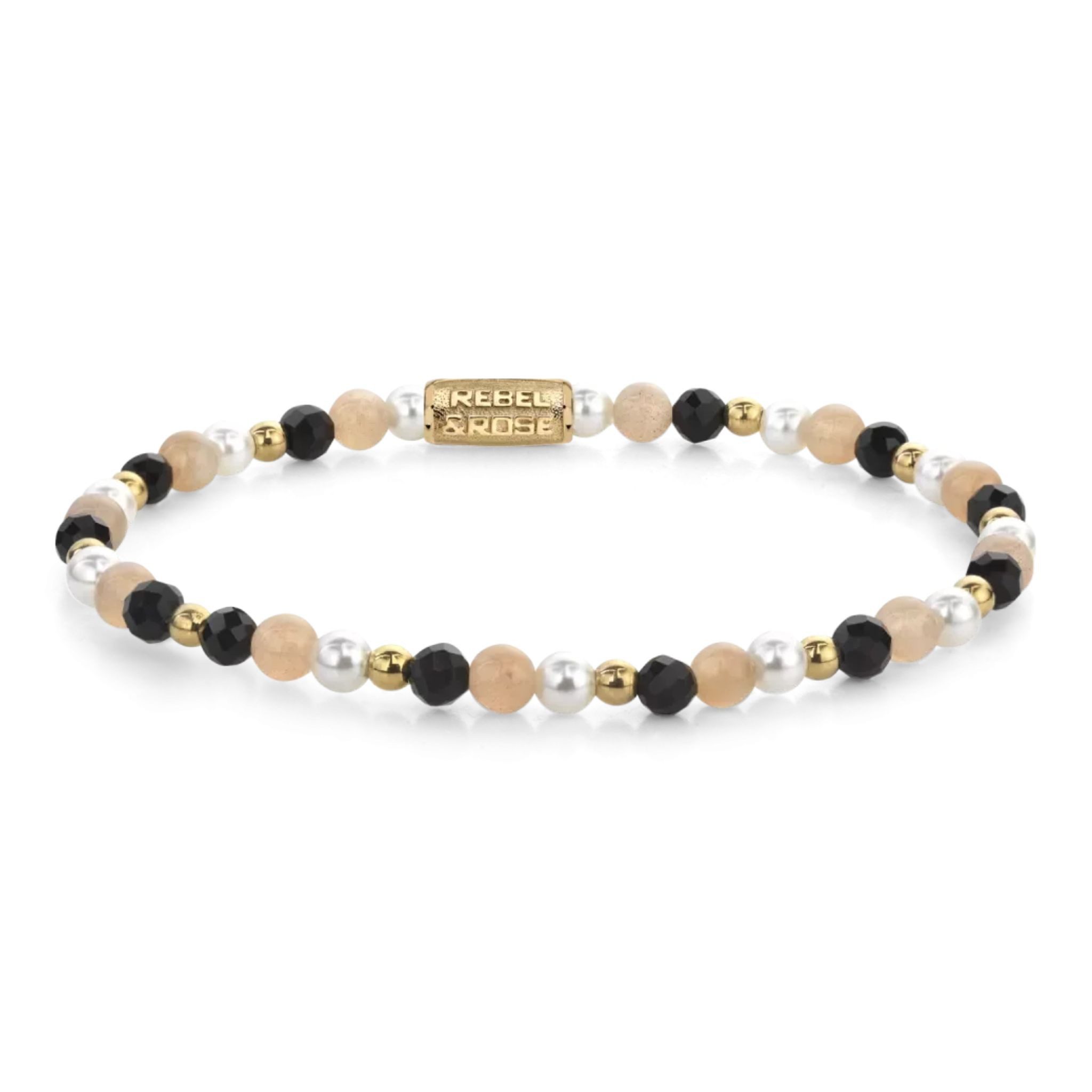Armband Armband 4mm Steinen Schwarzer Spinell, Muschelperle, Sonnenstein