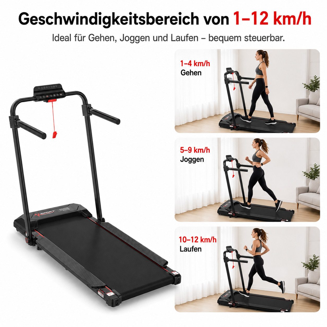 LIKESPORTING Laufband klappbar, 1400W 2 PS Walking Pad, 1–8 km/h, 6% Steigung, 100×40 cm Lauffläche, 120 kg, LED-Display, Fernbedienung