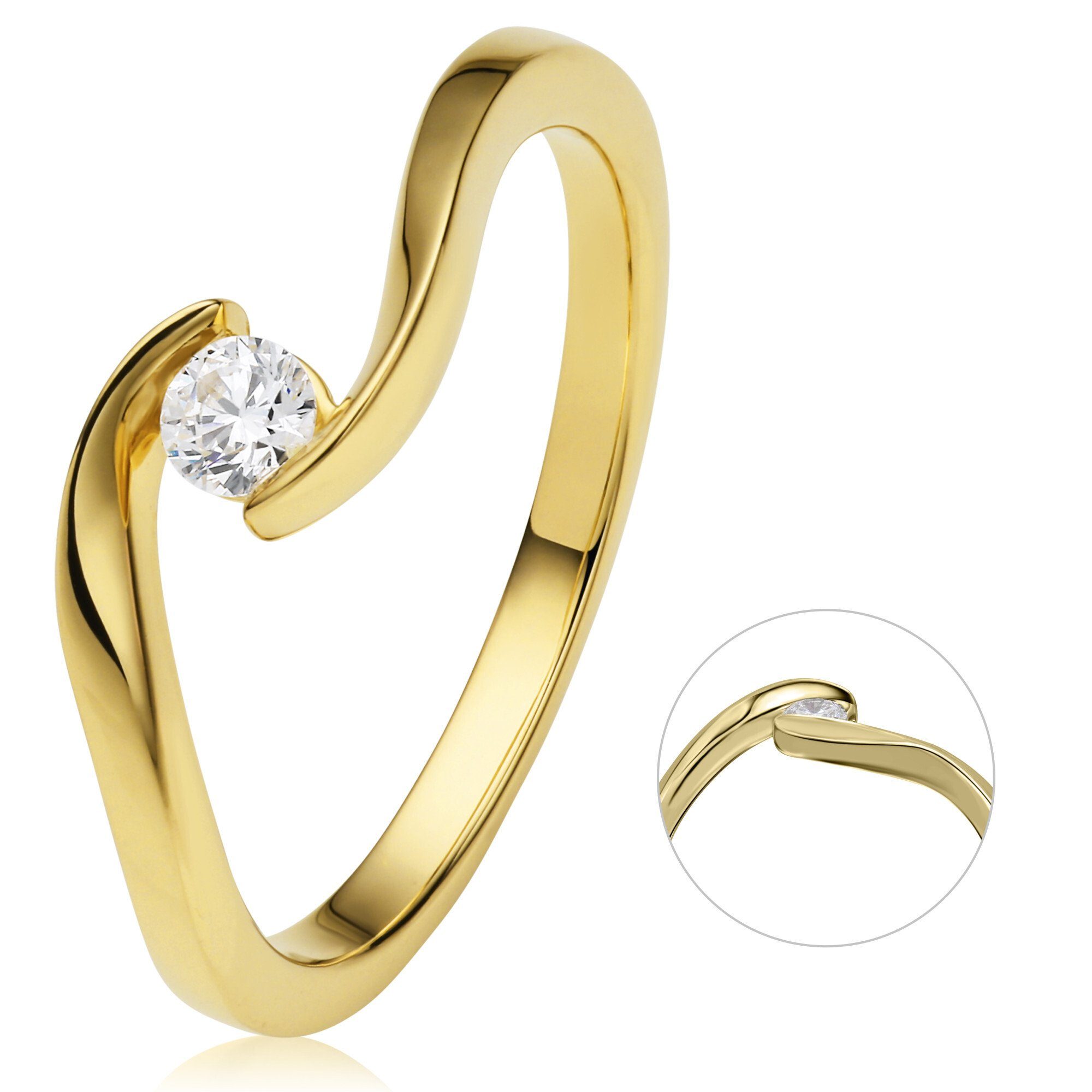 Ring ct Spannfassung Gelbgold, Diamantring ONE Diamant Spannfassung Schmuck Brillant 0,15 Damen ELEMENT 585 aus Gold
