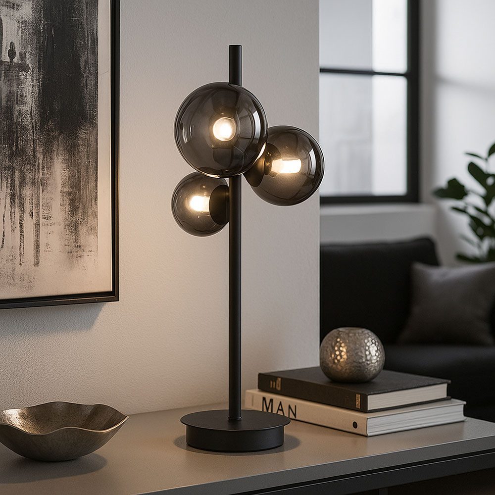 FISCHER & HONSEL LED Tischleuchte, Leuchtmittel inklusive, Warmweiß, Tischleuchte Tischlampe Leselampe Glaskugel rauch schwarz LED H48cm