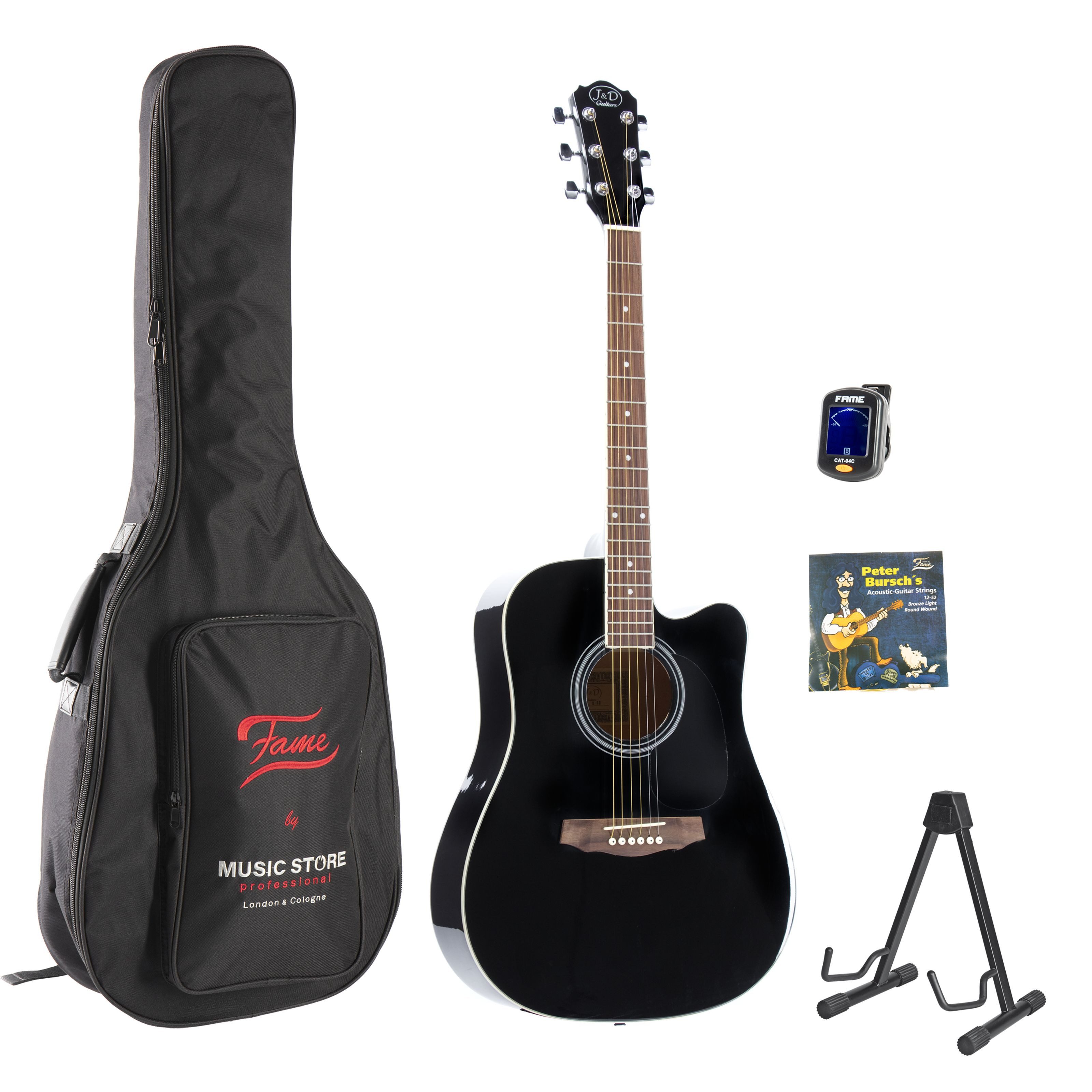 J & D Westerngitarre, D-60 Cutaway Dreadnought Westerngitarre-Set mit Fichtendecke X-Bracing Mahagonihals inkl. Saiten Ständer Gigbag Stimmgerät Schwarz, Westerngitarren, Dreadnought Gitarren, Westerngitarre, Dreadnought, Fichtendecke