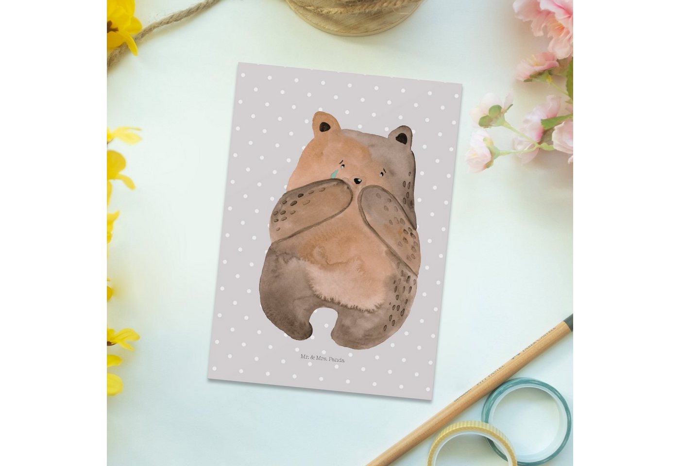 Thumbnail - Mr. & Mrs. Panda Postkarte Bär Verlust - Grau Pastell - Geschenk, Geburtstagskarte, Einladungska, Witzige Sprüche