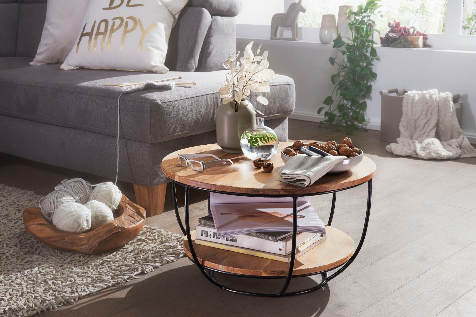 FINEBUY Couchtisch FB54351 Akazie Massivholz rund 60cm Wohnzimmertisch Industrial (60x34,5x60cm Akazie Massivholz / Metall, Sofatisch), Sofatisch Stauraum, Wohnzimmertisch Modern Rund