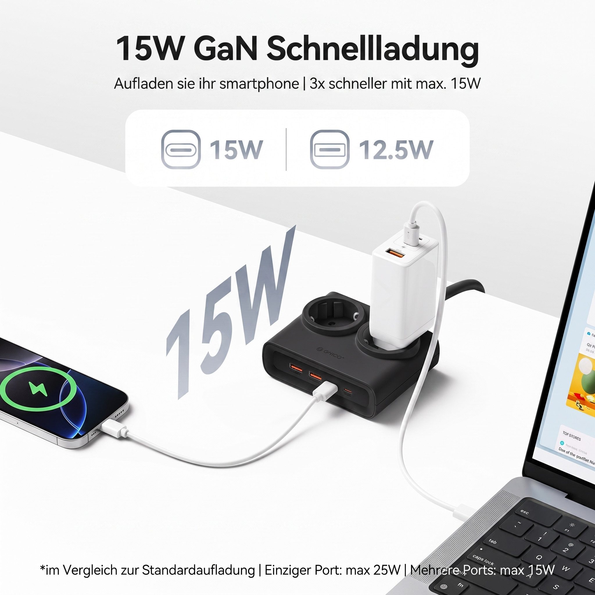 ORICO Steckdose 15W/25W GaN Mehrfachsteckdose 6-in-1 Steckdosenleiste,2AC+2USB+2CPD, acher 1,3 cm Stecke, 1-St., 1,6 m Kabel, 2500 W., für Haushalt & Büro