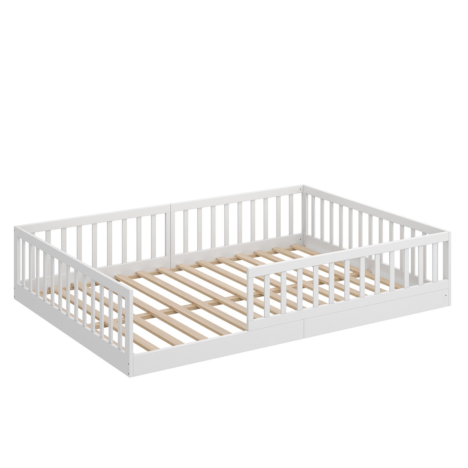 CADANI Kinderbett Timi Bodenbett bis 200 kg belastbar mit abnehmbarem Rausfallschutz (140x200 cm, Montessori Kinder- & Jugendbett aus Kiefer Massivholz), inkl. stabilem Roll-Lattenrost, Weiß