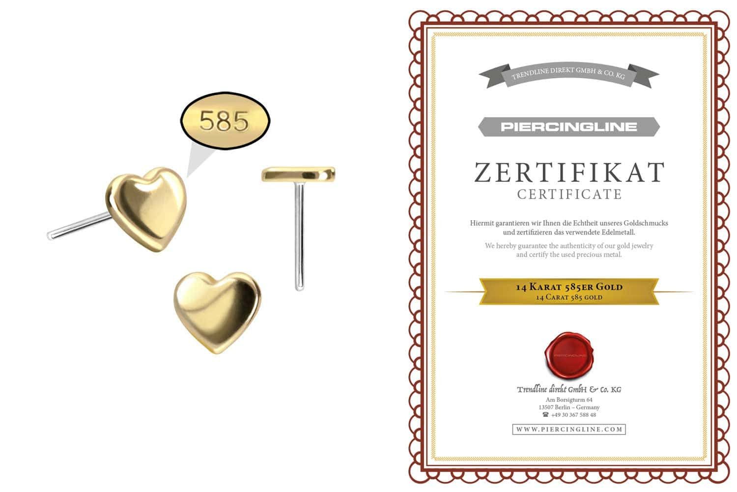 PIERCINGLINE Piercing-Set 14 Karat Gold Aufsatz mit Titan Push Pin HERZ (Push Pins, 1-tlg)