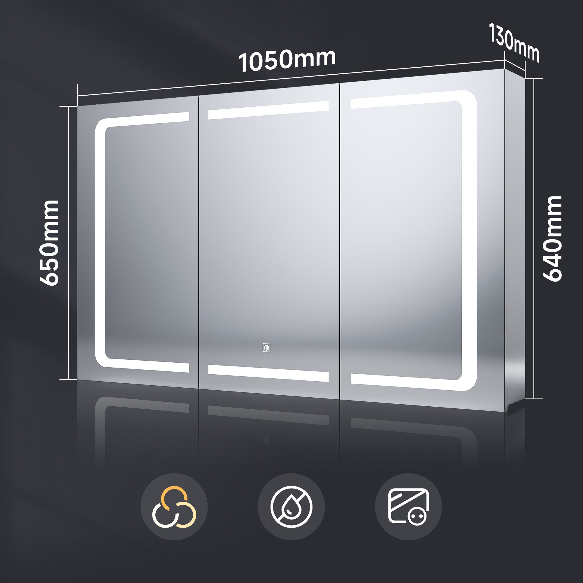 SONNI Spiegelschrank Badezimmerspiegelschrank mit Beleuchtung,Spiegelschrank mit Touch 90 cm x 60 cm, 3 Farbtemperaturen, Anti-fog, mit Steckdose