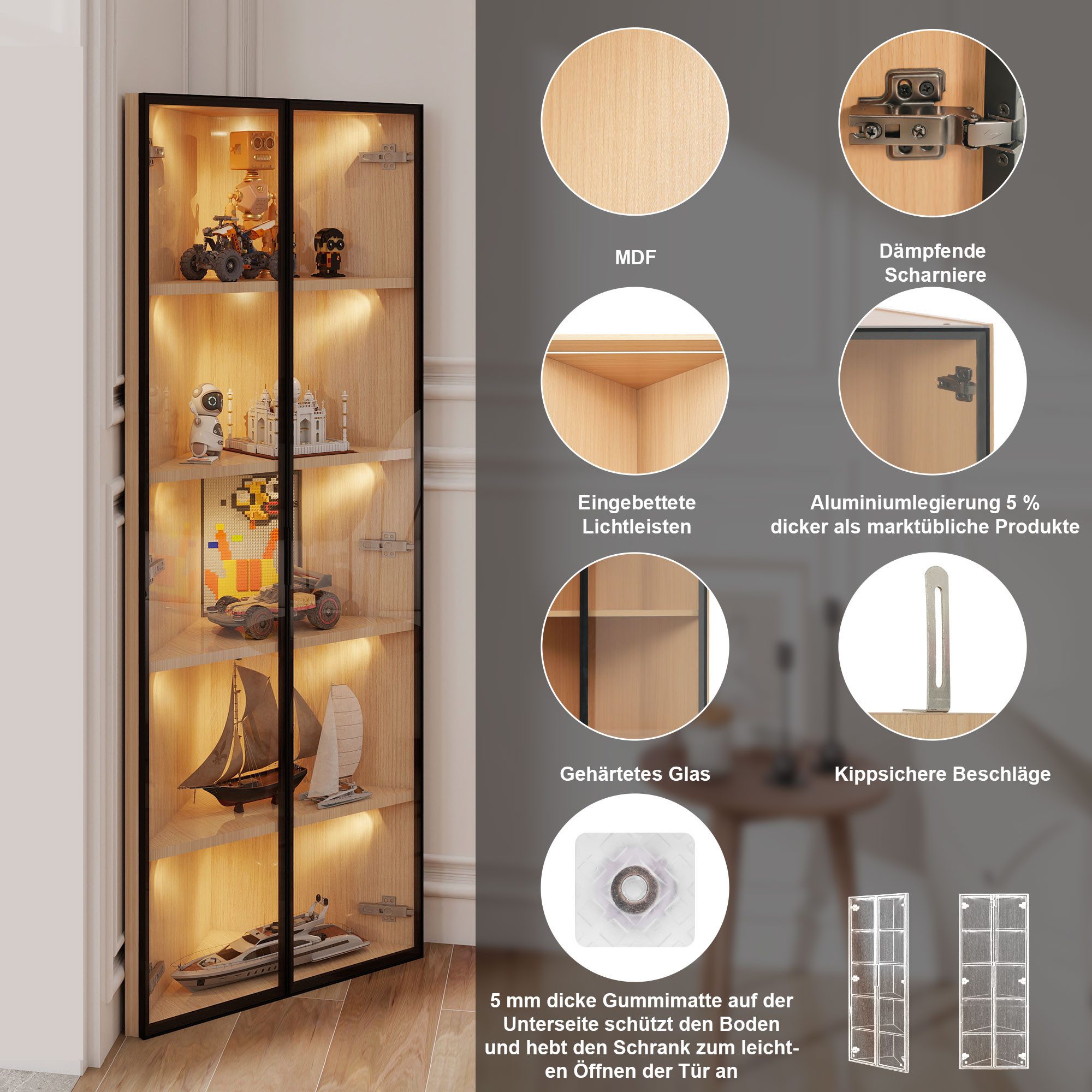 Flieks Glasvitrine Eckvitrine mit LED-Beleuchtung und 5 Fächer (1-St., B62/T35/H160 cm) Standvitrine Eckschrank Hochschrank Highboard Wohnzimmer – Bild 5 von 5