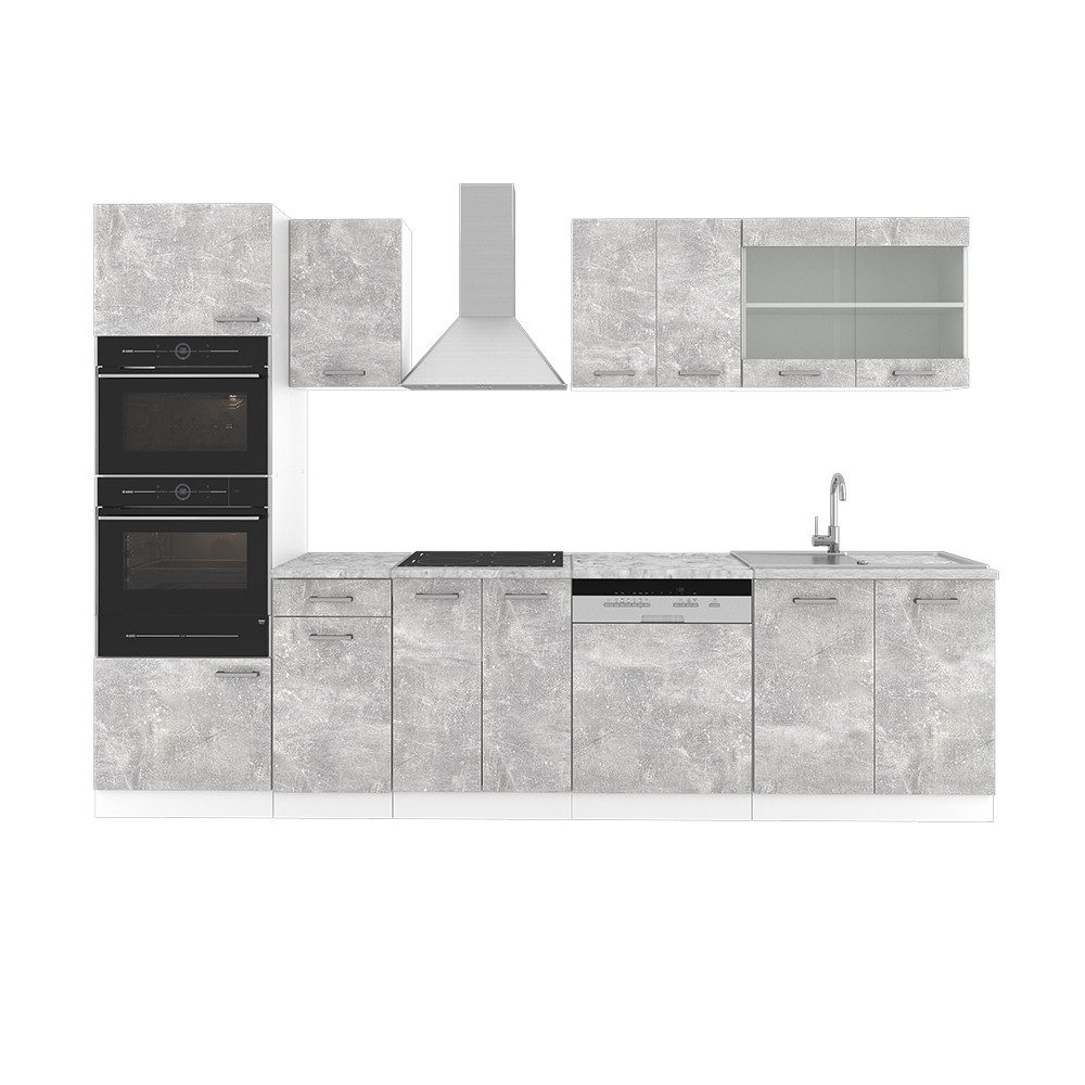 Vicco Küchenzeile R-Line, Beton/Weiß, 300 cm mit Hochschrank, AP Anthrazit