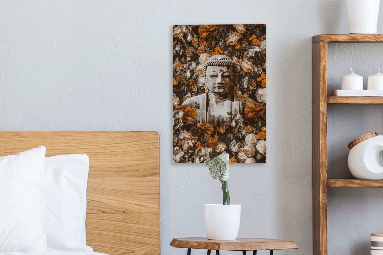 OneMillionCanvasses® Leinwandbild - Gesicht cm inkl. 20x30 bespannt Zackenaufhänger, Leinwandbild Buddha (1 Blumen, St), - fertig Gemälde