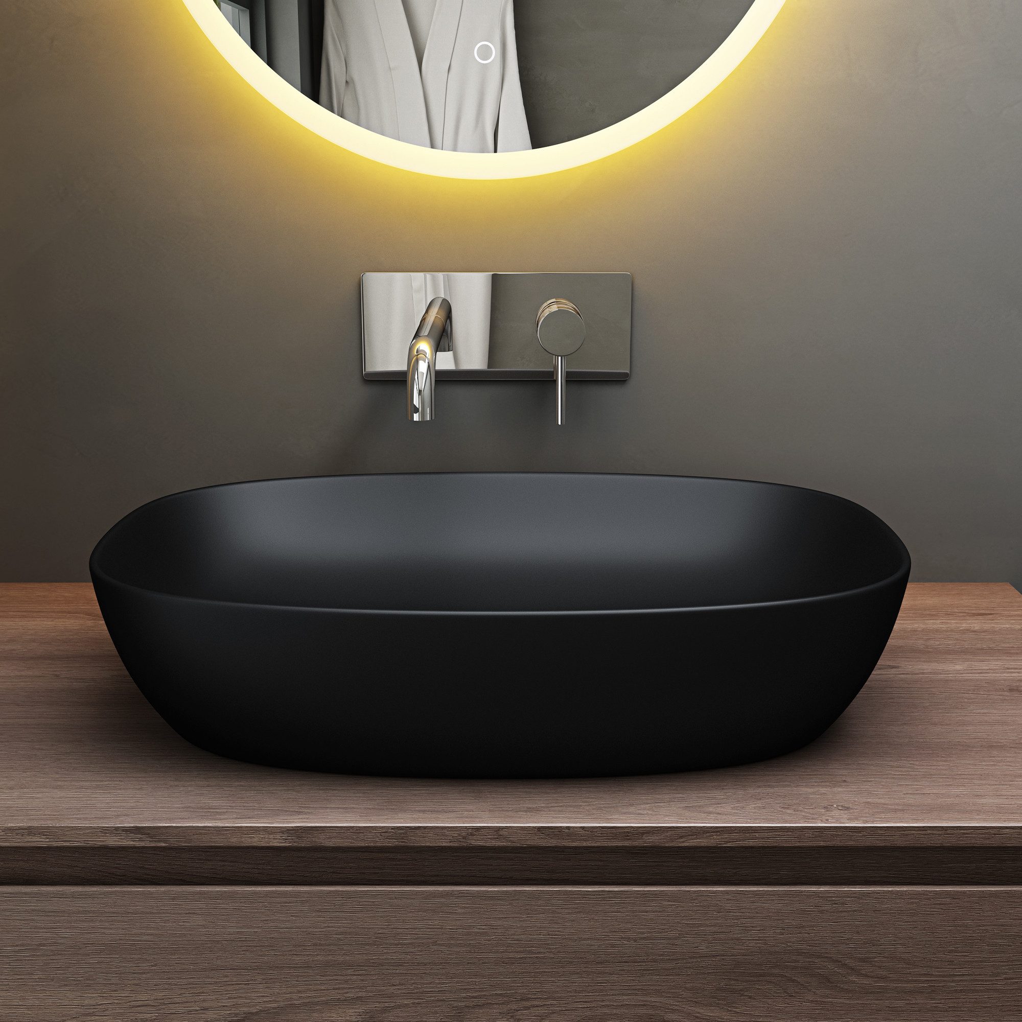 Mai & Mai Aufsatzwaschbecken Waschschale Waschbecken aus Keramik Oval Nano-Beschichtung Br104, Abfluss nach DIN-Norm