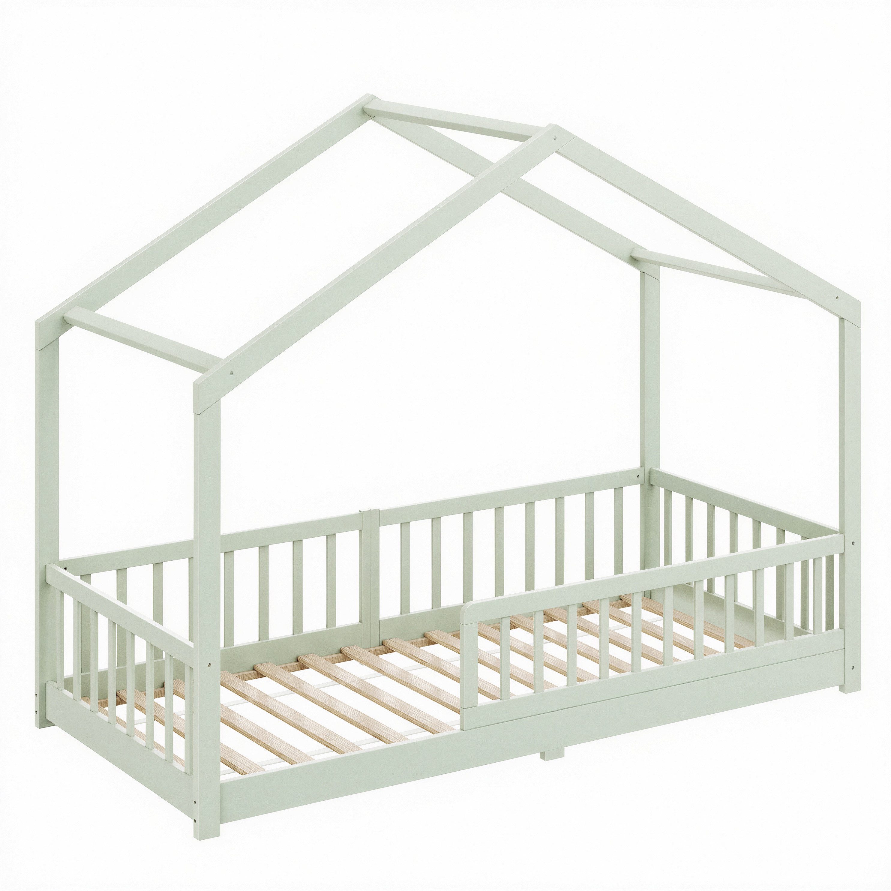 CADANI Kinderbett Malte Hausbett Bodenbett - Rausfallschutz abnehmbar - bis 200 kg (90x200 cm, Pistachio Grün, Montessori Kinder- & Jugendbett aus Kiefer Massiv – Bild 2 von 5