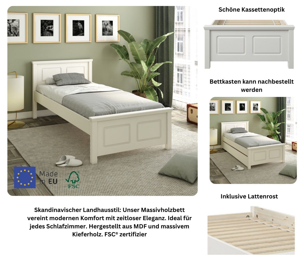 OTTO home Massivholzbett ERIK', Made in Europe, optional mit Schublade, Massivholz Kiefer (FSC® zertifiziert), in mehreren Größen, Landhausstil mit Kassettenopt – Bild 3 von 5