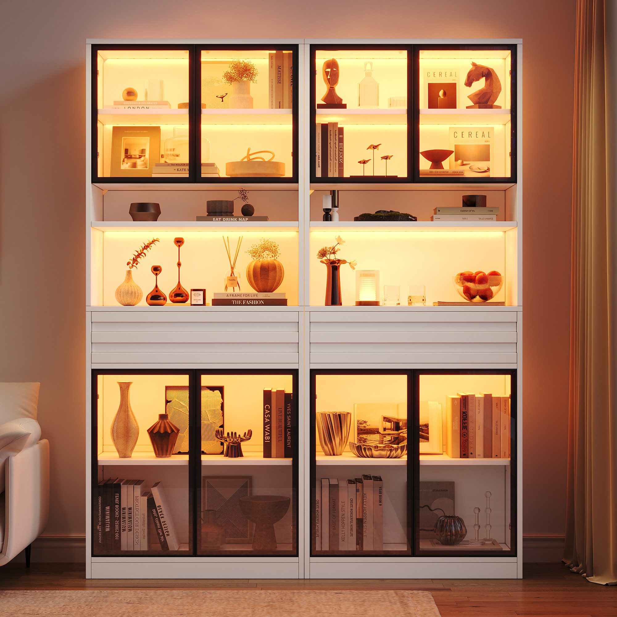 CARPAT SPORT Glasvitrine Vitrinenschrank 80×35×200cm mit App‑gesteuerter RGB‑LED (Hoher Display‑Schrank mit 4 Glastüren und 1 Schublade) Stabiler MDF‑Ausstellungsschrank für Wohnzimmer‑Sammlungen