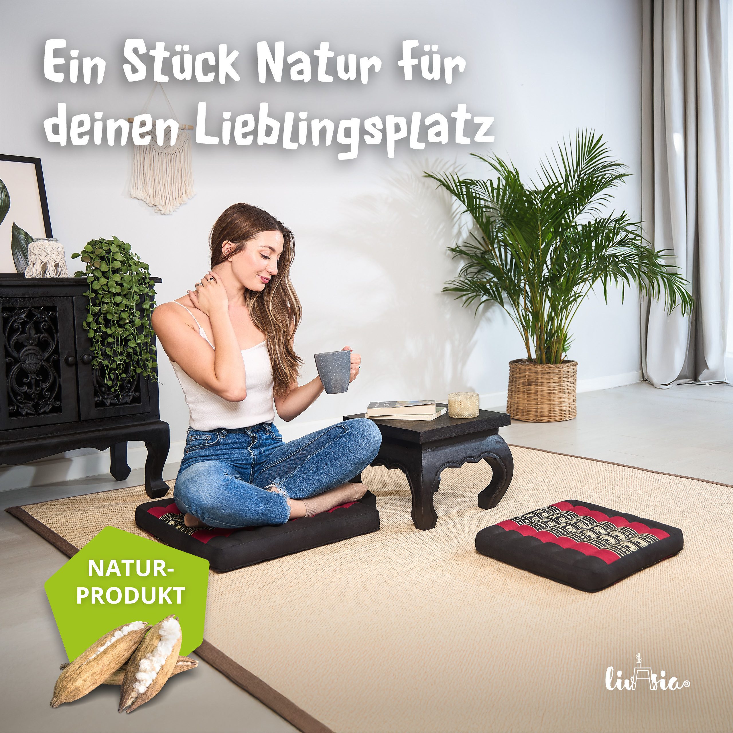 livasia Sitzkissen Sitzkissen 35 cm, vegan und handgefertigt, 35x35x6cm, Kapok