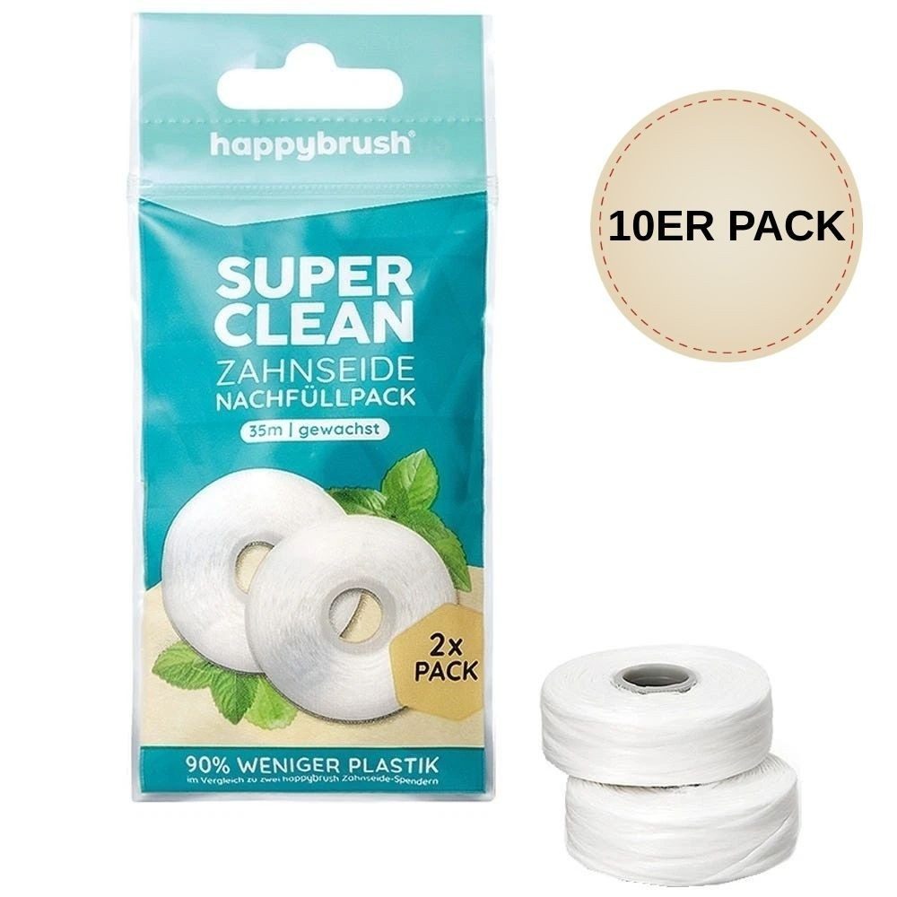 happybrush Zahnseide 10ER Zahnreinigung Nachfüllpack Minzgeschmack 2x35 m Dental Floss, Zahnpflege Rollen Mundpflege Zahnfaden Interdentalpflege Zahnhygiene