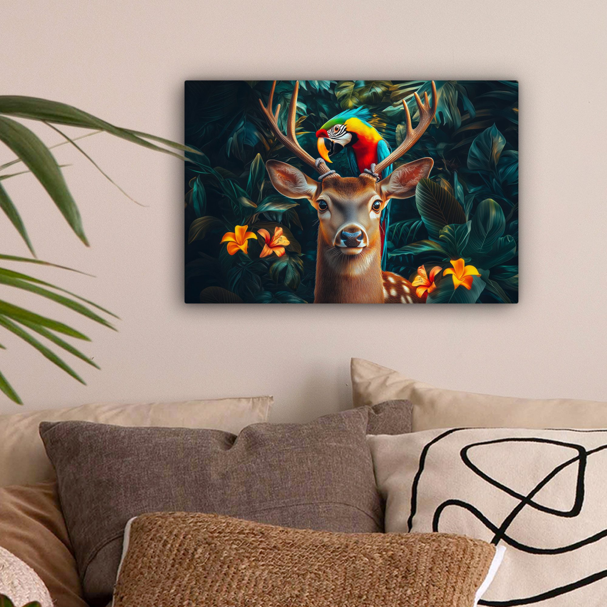 OneMillionCanvasses® Leinwandbild Hirsch - Papagei - günstig online kaufen