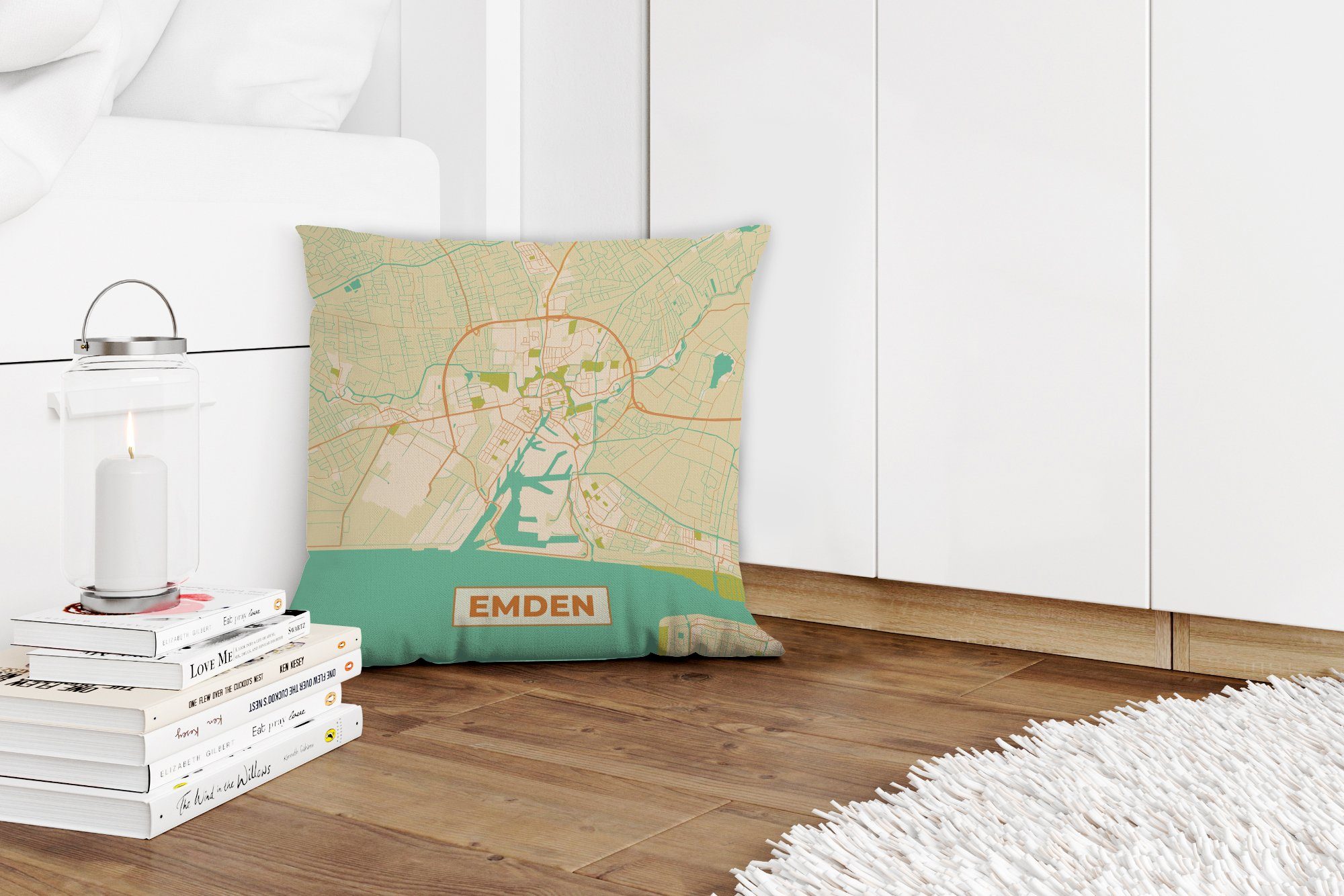 - Emden Dekokissen Vintage, - Karte MuchoWow Deko, Stadtplan - Füllung Zierkissen Sofakissen - Karte für Wohzimmer, mit Schlafzimmer,