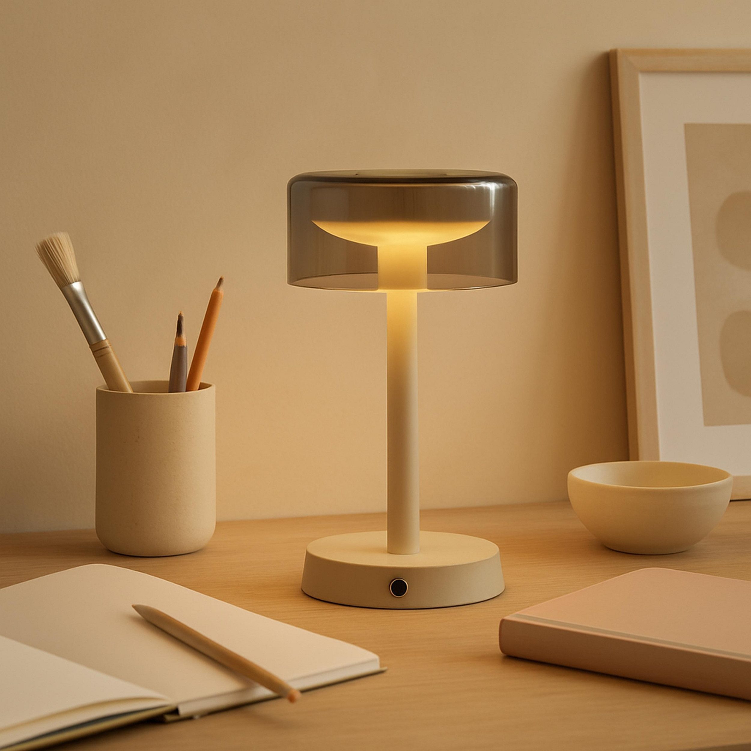 Lightbox Tischleuchte, LED fest integriert, Warmweiß, LED Akku Lampe, 26cm, 260lm, Wireless Charging, dimmbar, beige
