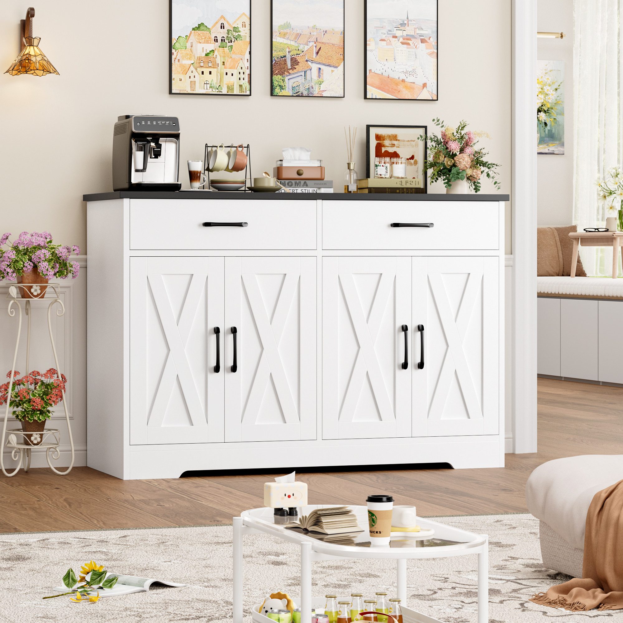 HOMECHO Buffet 120cm Breit Küchenschrank mit Arbeitsplatten, 2 Schubladen, 4 Türen – Bild 3 von 5