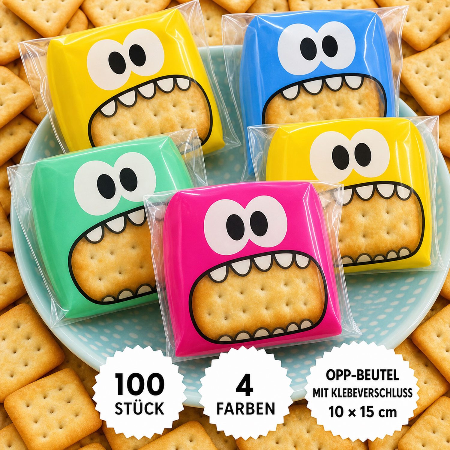 Jungengel Geschenktüten 100x Kekstüten Partytüten mit Klebeverschluss bunte Monster Motive, (100St), Selbstklebender Verschluss, 10x15cm, transparentes Sichtfenster