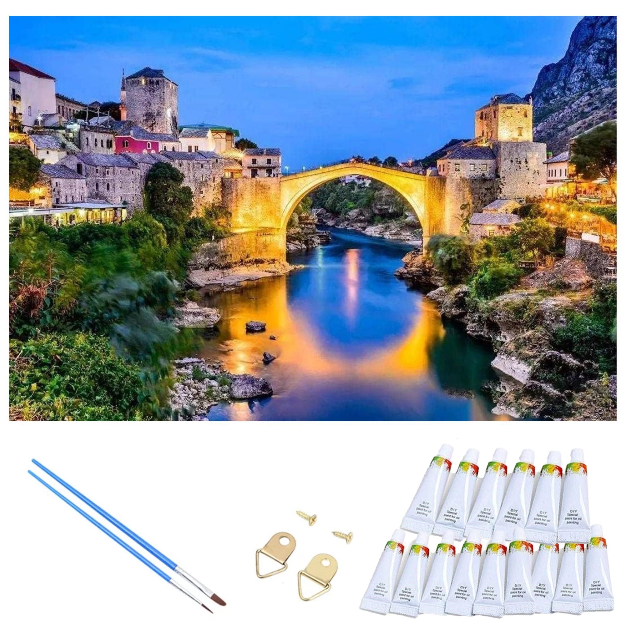 LA CUTE Malen nach Zahlen XL Flussbrücke Malset – Kreatives Malen nach Zahlen mit Rahmen 40x50cm (Komplettes Malset: Kreatives Malen nach Zahlen mit Rahmen und Farben, Malen nach Zahlen Set: Leinwand 40x50cm, Acrylfarben, Pinsel, Rahmen), Flussbrücke Malset: Hochwertige Leinwand 40x50cm Acrylfarben & Rahmen