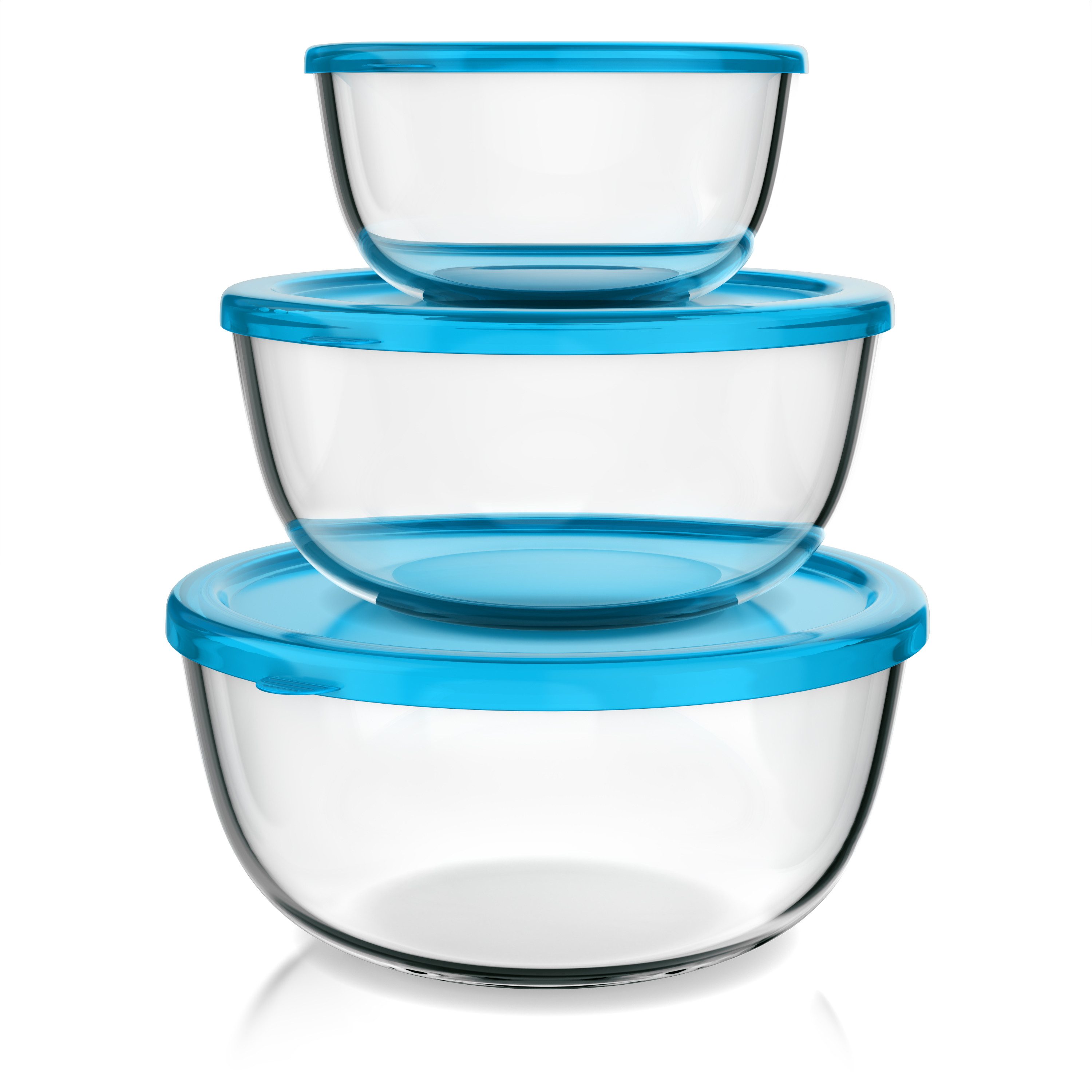 Arendo Salatschüssel 3er Set mit Deckel, Glasschüssel 1,1L / 2,7L / 4,4L, Glas Rührschüssel, Glas, (Set, 3-tlg), Glasschale, BPA-frei, Spülmaschinen- und mikrowellengeeignet