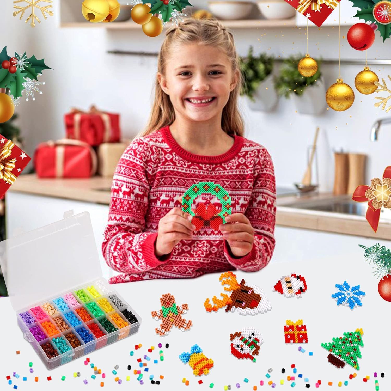 Refined Living Kreativset Weihnachten Bügelperlen Set 5100 Stück,5mm Schmelzperlen,DIY Bastelset, (Bügelperlen Set Kinder, Kreativset Weihnachten, Bastelset Weihnachten Kinder, Umfangreiches Set mit 5100 Bügelperlen in 24 Farben & 12 festlichen Motiven, Weihnachtsspielzeug DIYm,Kreativset Weihnachten), DIY Kreativ Geschenkbox für Kinder ab 5 Jahren, für Kinder & Familien
