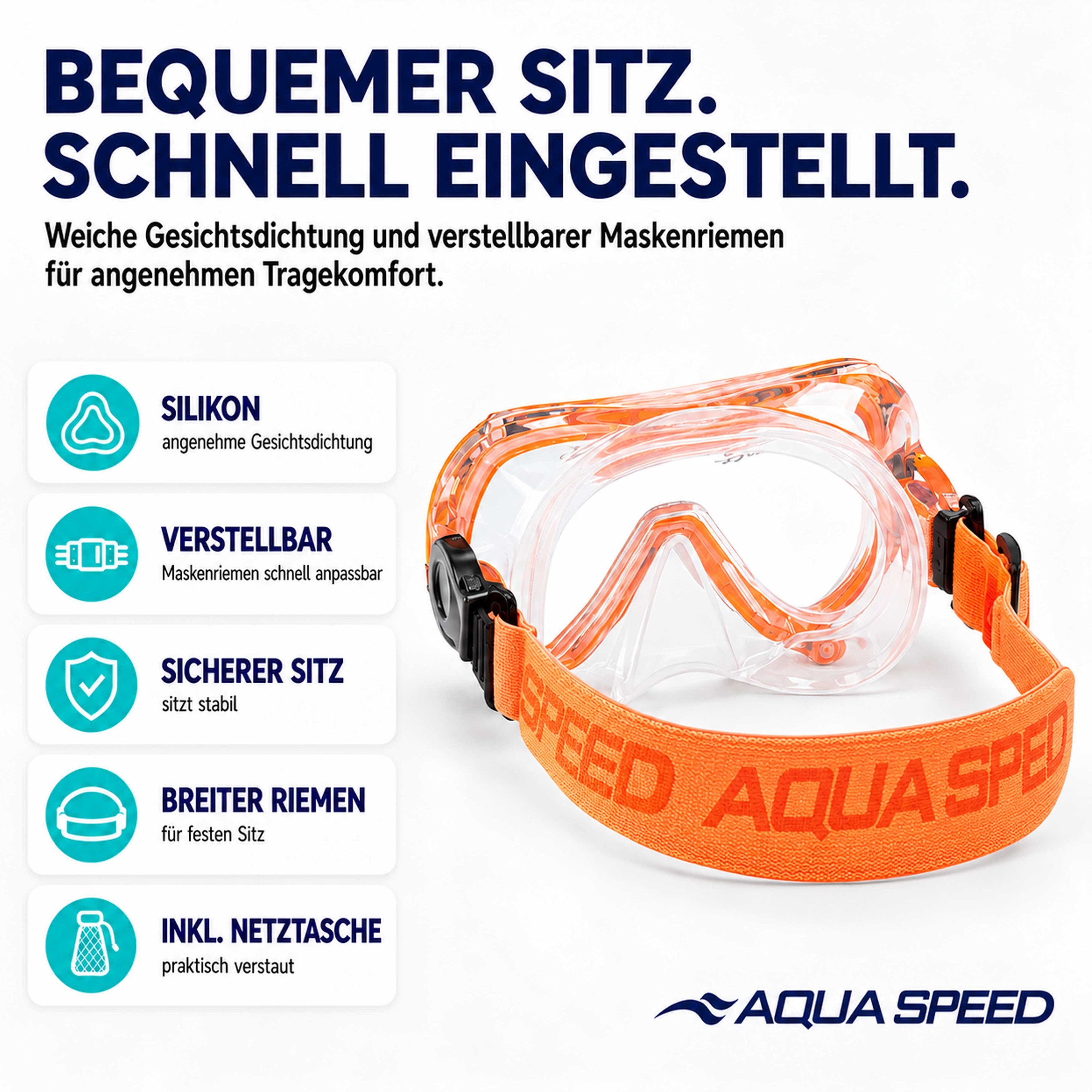 Aqua Speed Schnorchel Schnorchelset ALIZE + SAMOS Tauchmaske für Kinder, mit Netzbeutel (Kinderschnorchelset mit Maske und Schnorchel im Netzbeutel), EASY-ADJUS – Bild 4 von 5