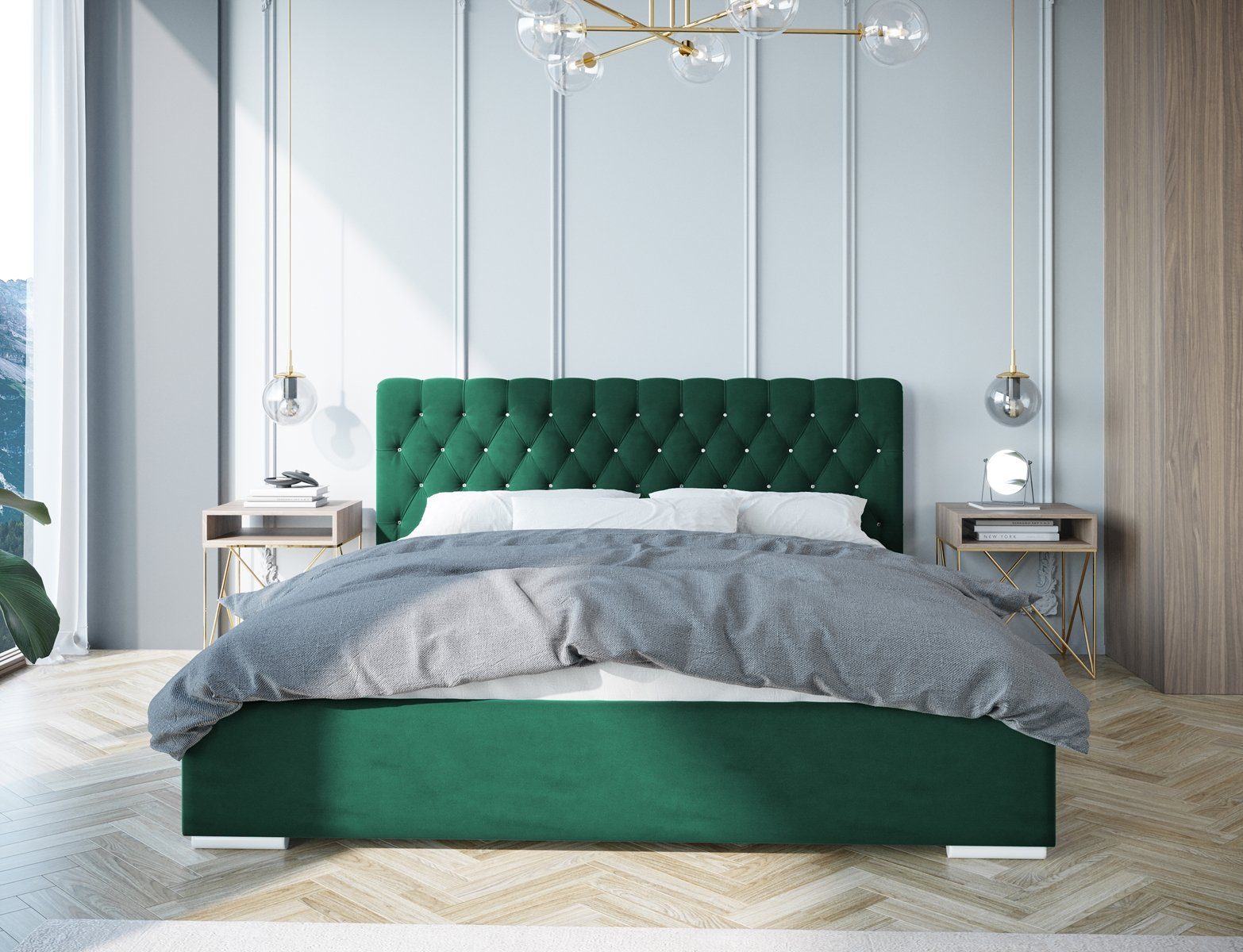 19) Liegehöhe, Gasflaschen Holzgestell auf Boxspringbett Flasches Doppelbett), mit komfortable Lattenrost, Grün KLAUS (Bett, (kronos Beautysofa