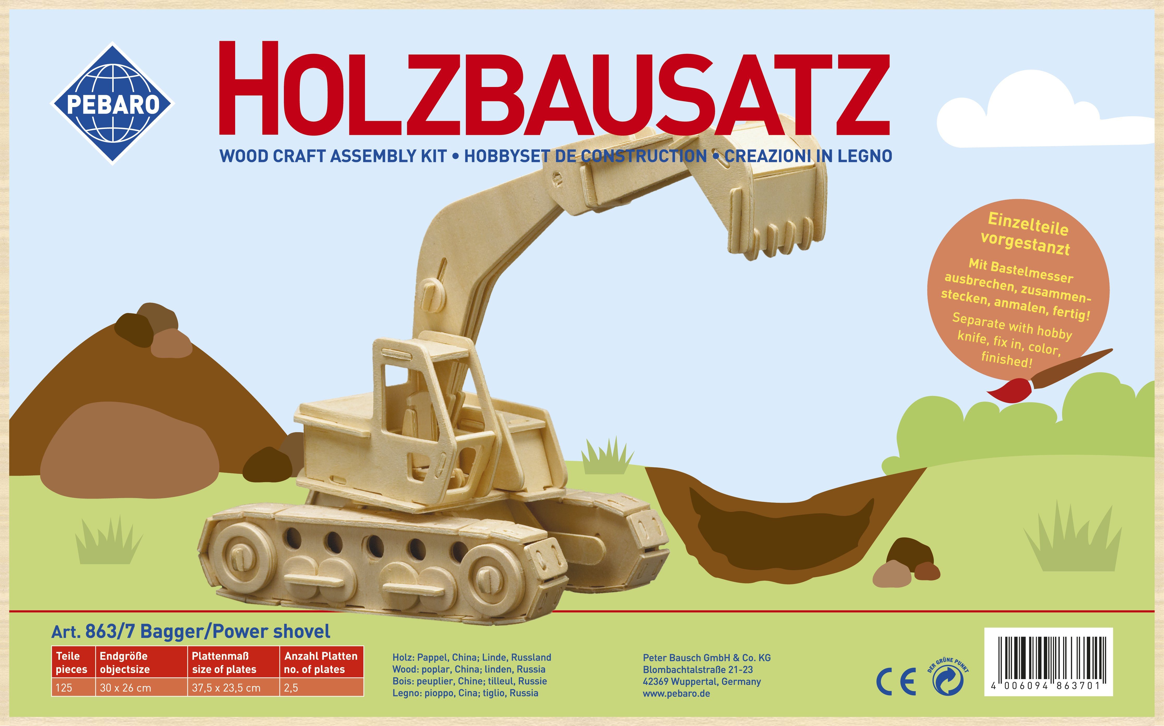 863/7, 125 Pebaro Puzzleteile Holzbausatz 3D-Puzzle Bagger,