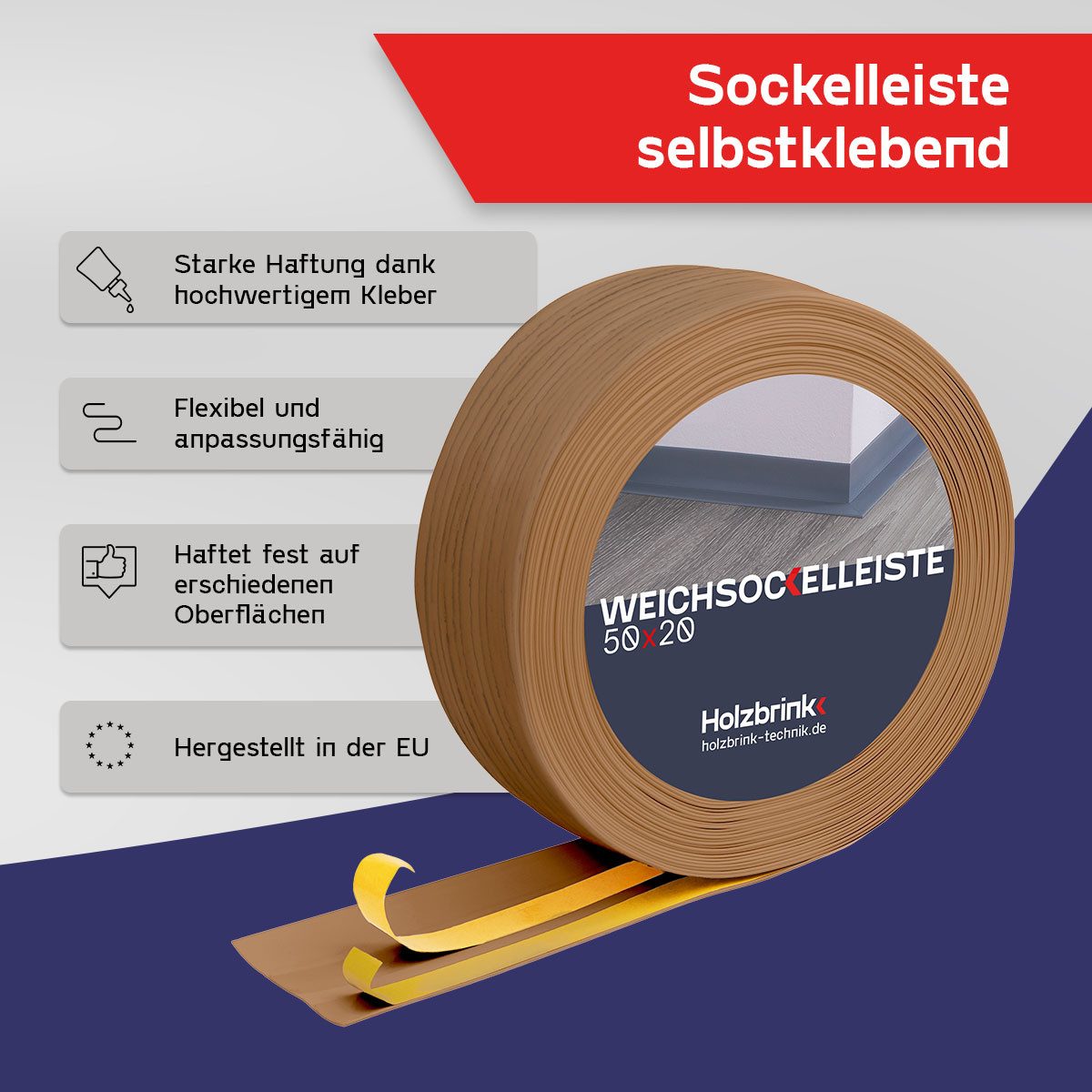 HOLZBRINK Sockelleiste HOLZBRINK selbstklebend PVC 50x20mm, 1 m, L: 100 cm, 1m Rolle, Küchenleiste Abschlussleiste für Badezimmer Farbe: Eiche hell – Bild 2 von 5