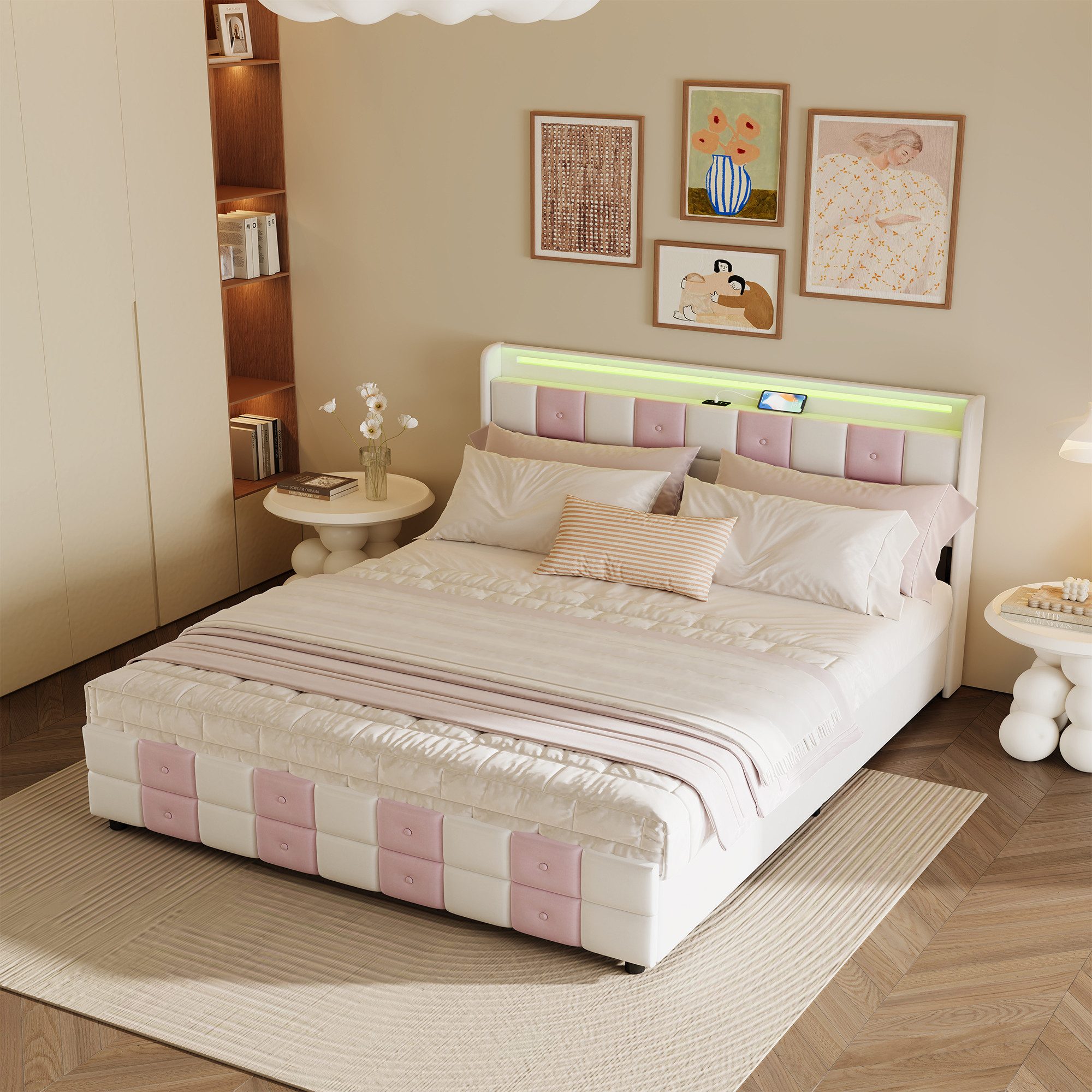 Furnishings Home Polsterbett LED Doppelbett 140x200cm, Stauraumbett mit Kopfteil und 4 Schubladen (Samtmaterial Polsterbett mit RGB Beleuchtung), mit Lattenrost und Ladefunktion, mit Komforthöhe, Leises Design Bett