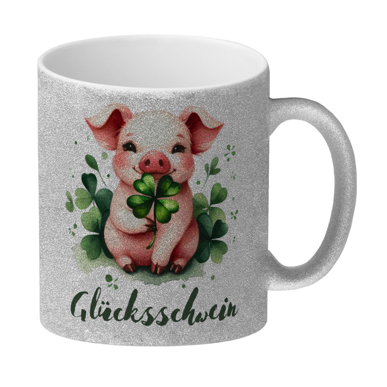 Tasse Glücksschwein mit Kleeblatt Glitzer-Kaffeebecher