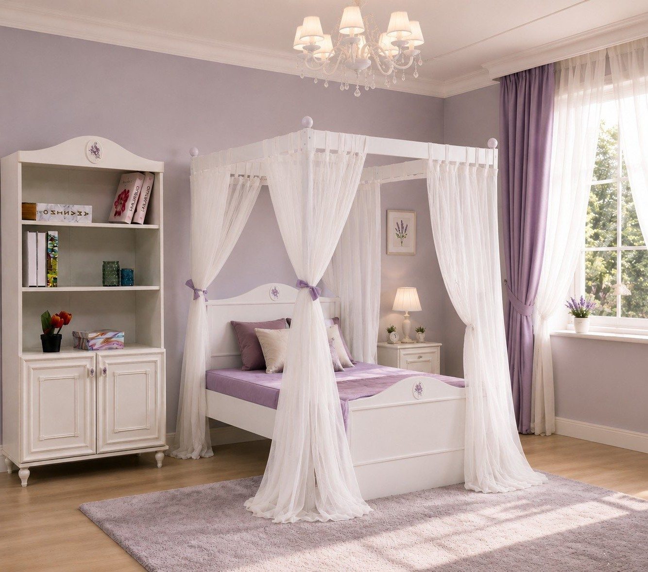 Xlmoebel Himmelbett Himmelbett Bücherregal Weiß Baldachin Vorhänge Schlafzimmer (2-tlg., 2-tlg)