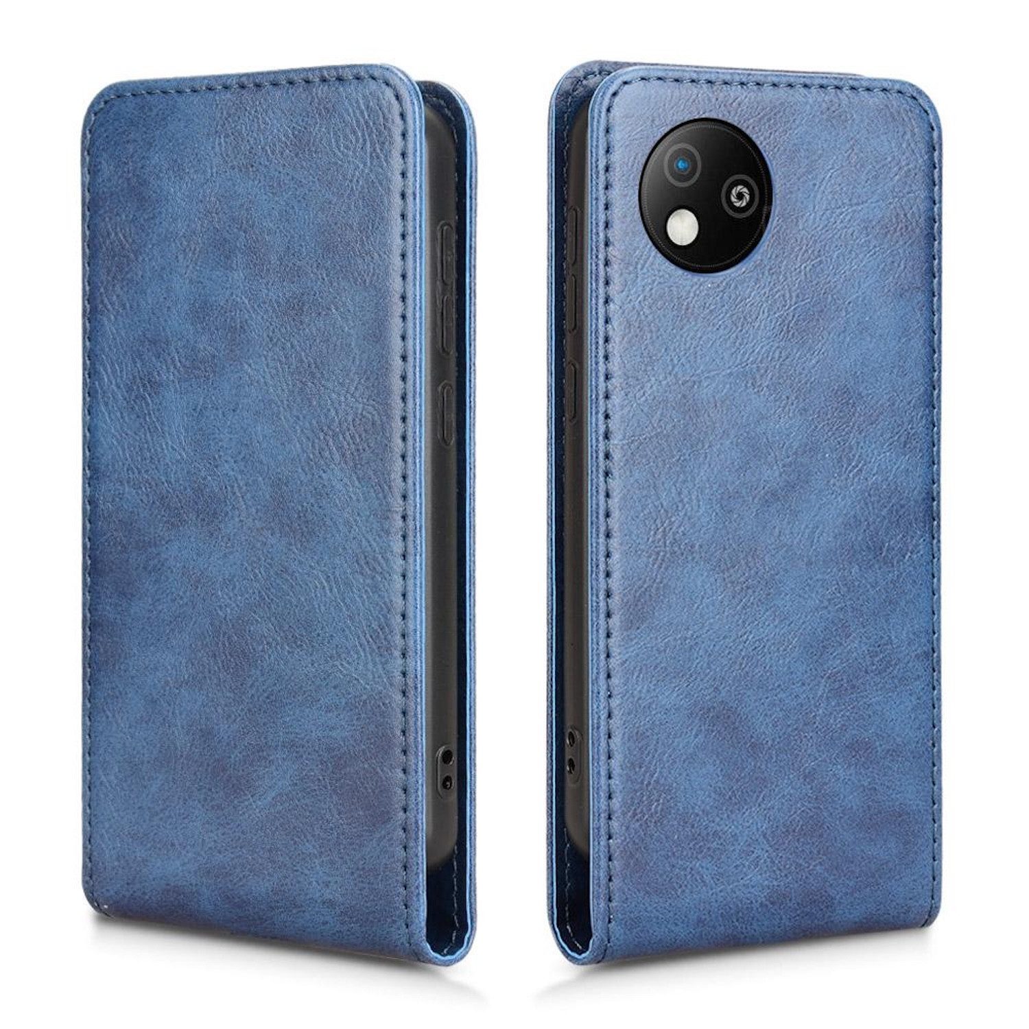 Wigento Handyhülle Für ZTE Blade A35 Lite Vertikale Flip Handy Tasche Hülle Cover Blau, Vertikales Flip Kunst-Leder Handyhülle mit Kartenfach