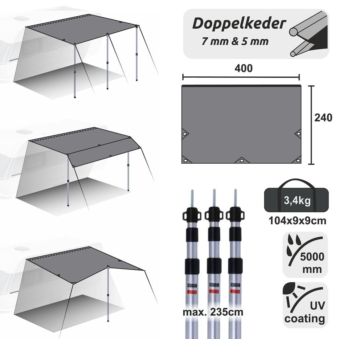 yourGEAR Sonnensegel yourGEAR Wohnwagen Sonnensegel m Sonnendach Tarp 4 2,4 x Caravan