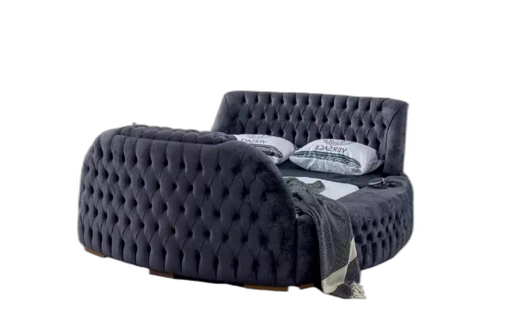 Rundbett Chesterfield Schlafsofa mit TV Hublift Luxus Doppelbett