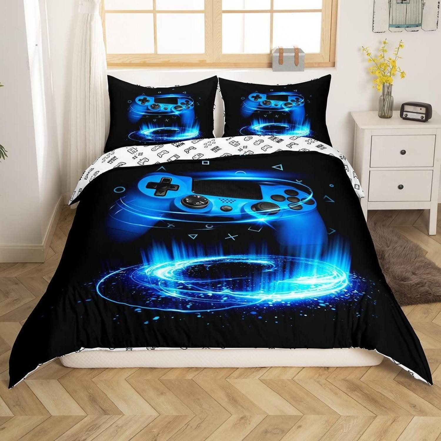 LuxusKollektion Jugendbettwäsche Bettwäsche 135x200cm Gaming Geometrisch schwarz blau
