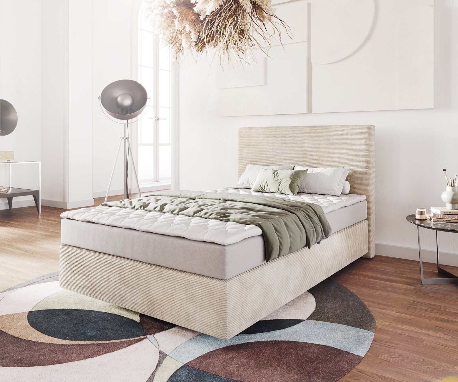 DELIFE Boxspringbett Dream-Well, Cord Beige 120x200 cm mit Matratze und Topper