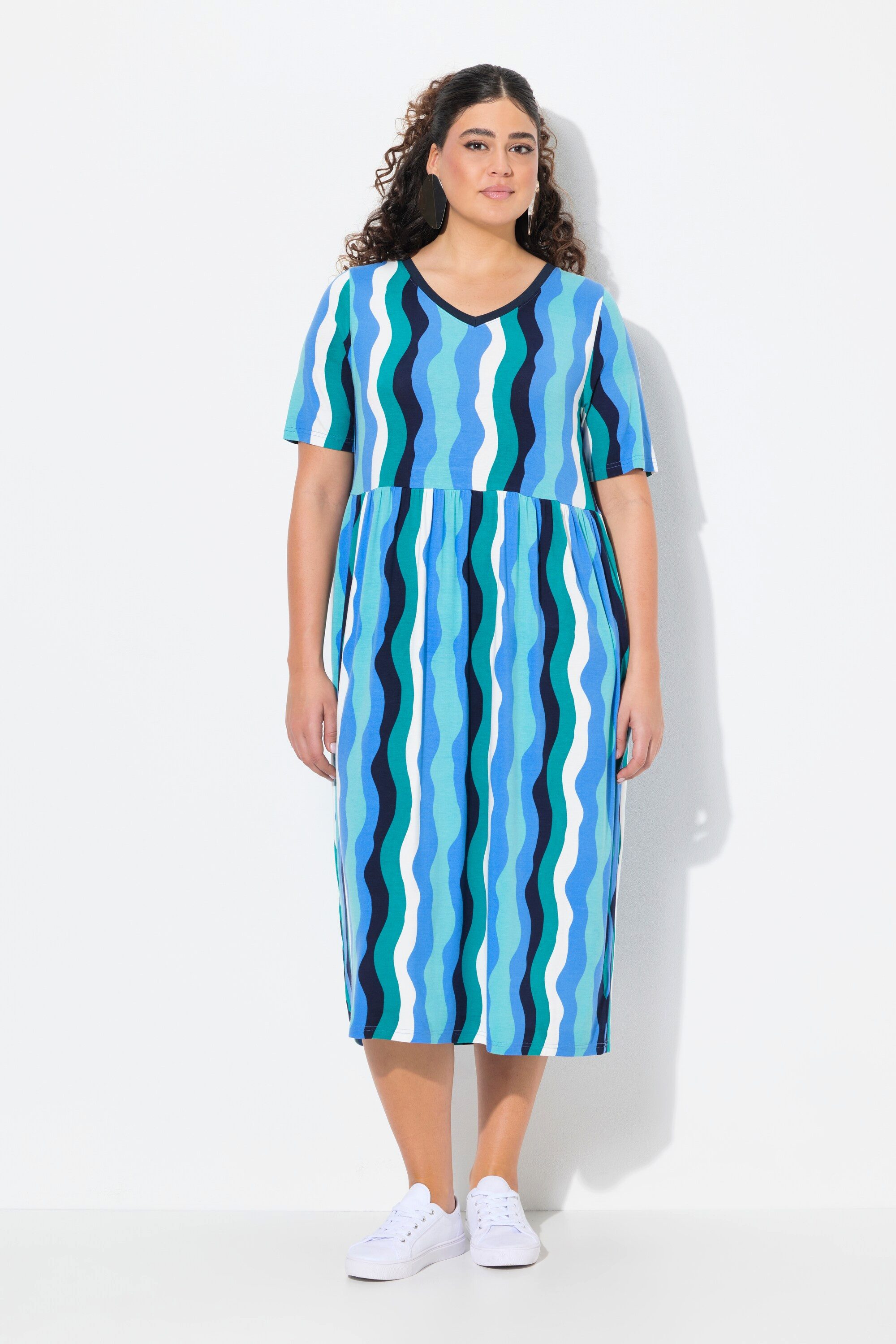 Ulla Popken Jerseykleid Midikleid Wellenmuster A-Linie günstig online kaufen