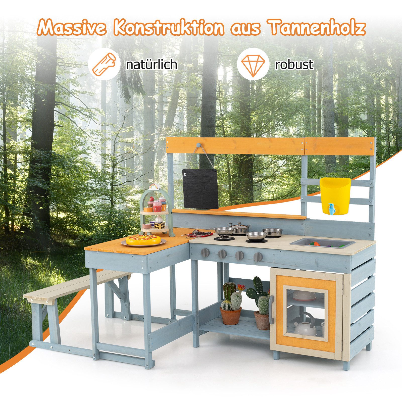 COSTWAY Outdoor-Spielküche Fichtenholz, Edelstahl, Matschenküche mit Picknicktisch, eingebauter Bank, Tafel