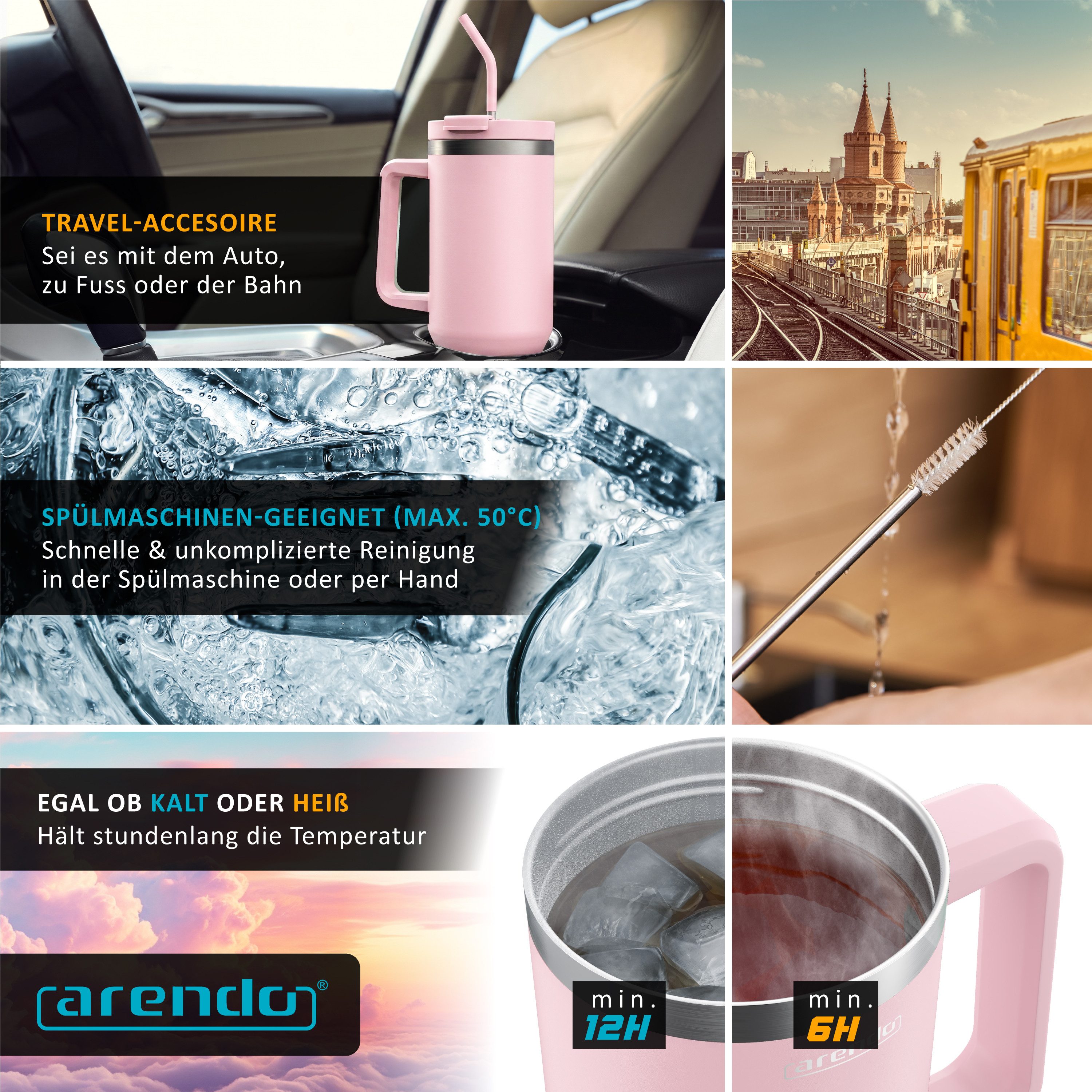 Arendo Thermobecher Tumbler 1200 ml, Becher mit Deckel, Henkel und Strohhalm, Thermal Mug, 1-tlg., Edelstahl, kohlensäuregeeignet, auslaufsicher, doppelwandig,  – Bild 4 von 5