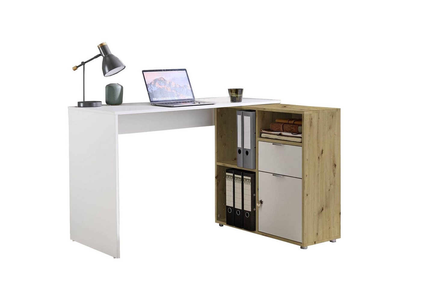 BMG Möbel Eckschreibtisch LENI (Schreibtischplatte mit Regal), Breite 110 cm, spiegelverkehrt montierbar, abschließbare Tür