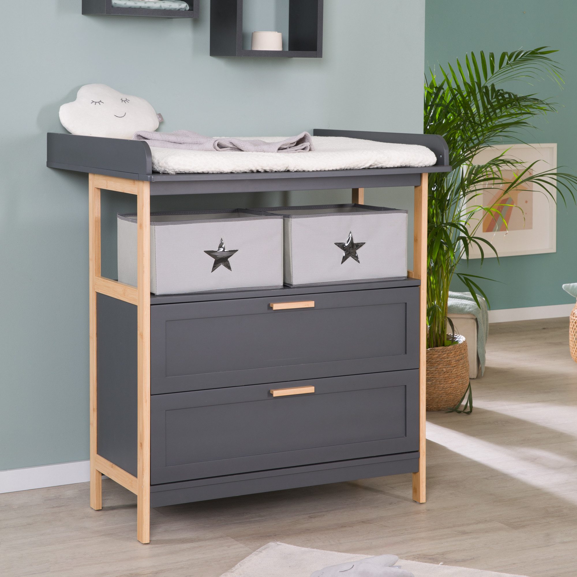 roba® wrap dresser Berlin - Frame + handles made of bamboo wood - Anthracite, removable wrap attachment - changing table with 2 drawers & fabric boxes