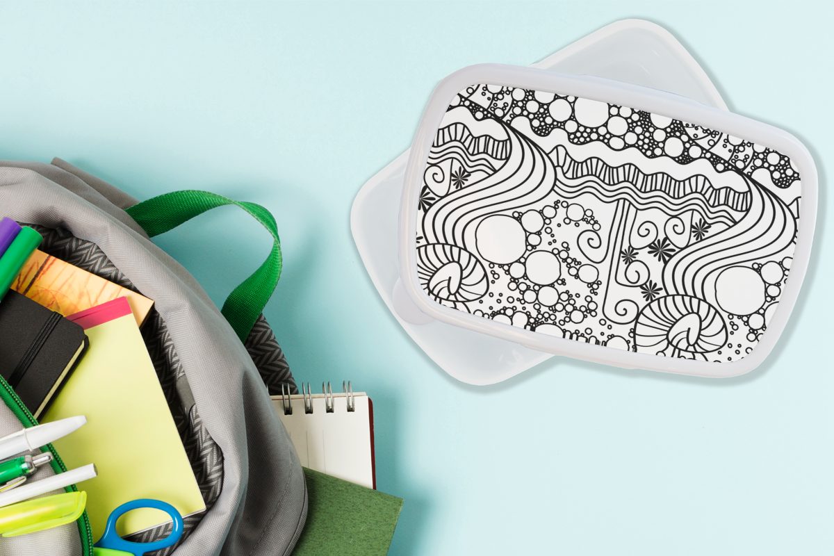 Weiß, Kunststoff, Schwarz (2-tlg), Brotdose, - Muster und - und Kinder und Mädchen - Lunchbox MuchoWow Jungs Abstrakt Erwachsene, für Brotbox Linienkunst für