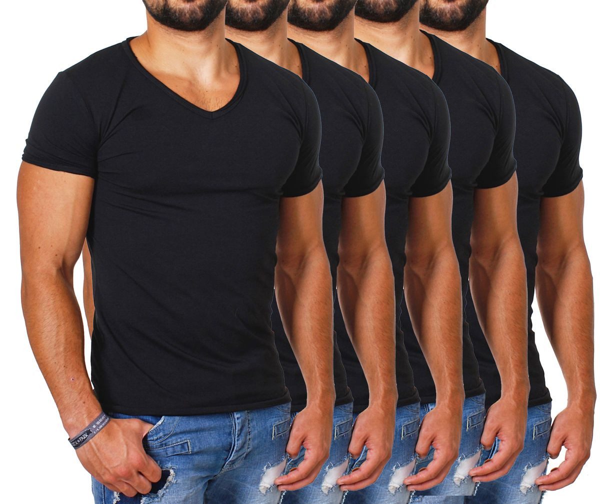 CARISMA T-Shirt Herren Uni Basic 4066 tief-breit geschnittener Ausschnitt vintage Look V-Ausschnitt unifarben kurzarm slim fit