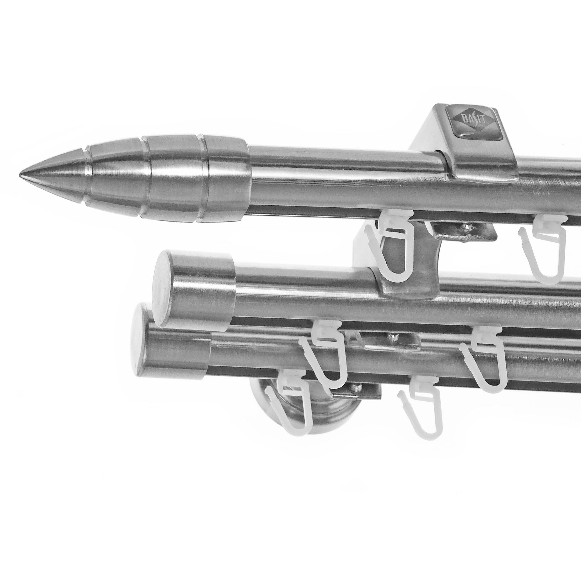 BASIT Gardinenstange Innenlauf Edelstahloptik 20mm mit Wandträgern 280 cm E81, Ø 20 mm, 3-läufig, verschraubt, Metall, H60III 280 cm E81 Spitze mit Rillen